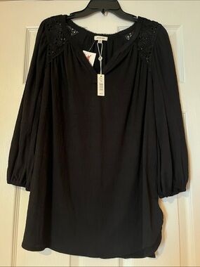 Max Studio Black Crochet-Yoke Peasant Blouse